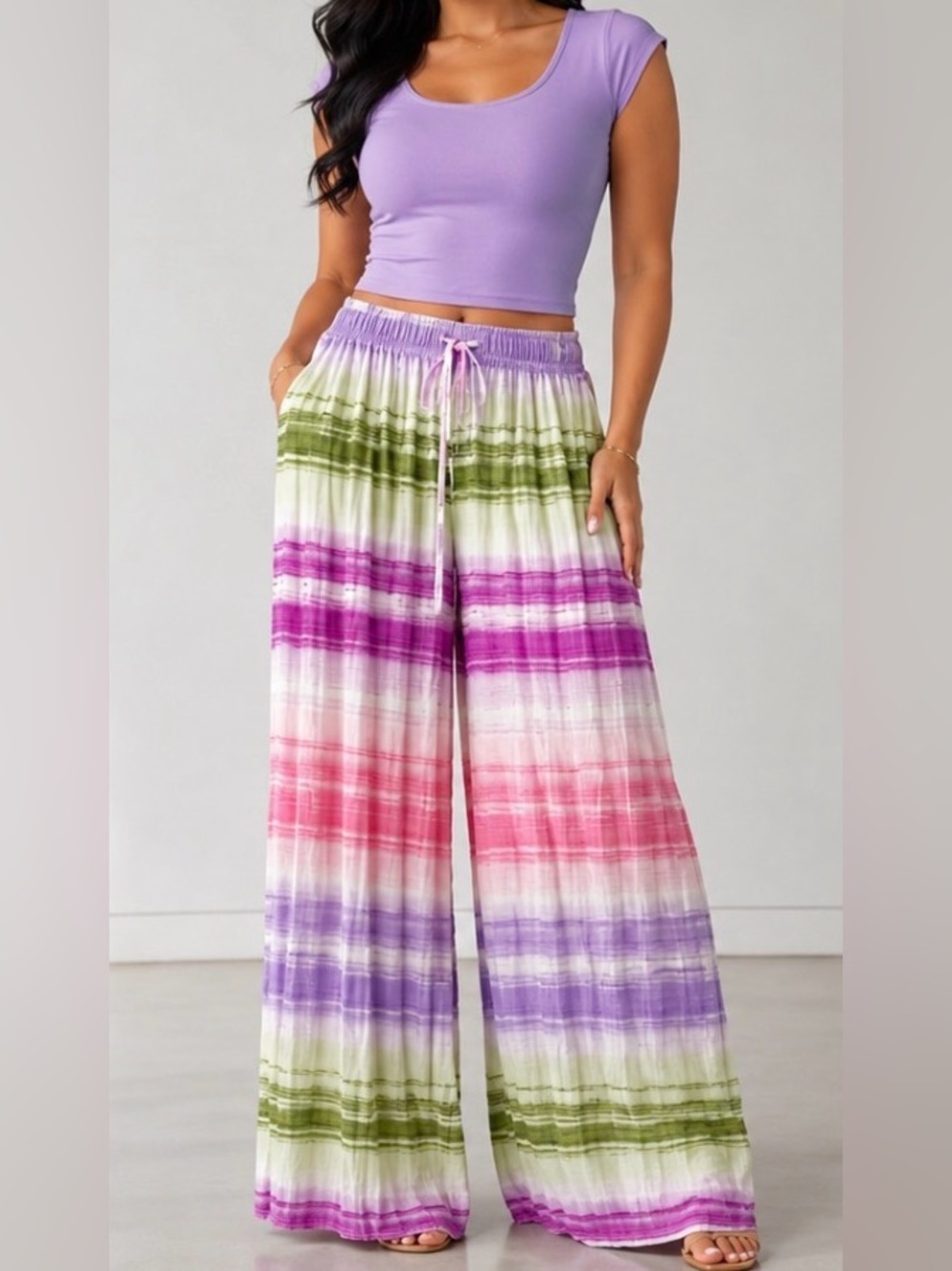 Wide Leg Tie-Dye Stripe Stretch Pants ONLY. Lavender, Pink,Green. One Size